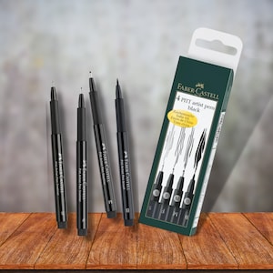 Faber-Castell PITT Artist Black Pen Set of 4 - Superfine, Fine, Medium & Brush tip - Non-toxic, Smudge-proof, Waterproof, Acid-Free