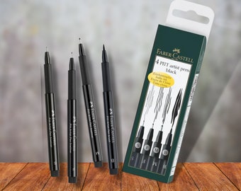 Faber-Castell PITT Artist Black Pen Set of 4 - Superfine, Fine, Medium & Brush tip - Non-toxic, Smudge-proof, Waterproof, Acid-Free
