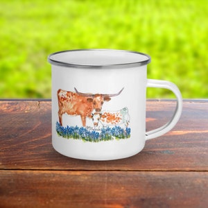 Texas Longhorn Mokken - Moeder & Baby Longhorn in een veld van Bluebonnets Mok - Cadeau voor moeder, cadeau voor dochter, cadeau voor oma