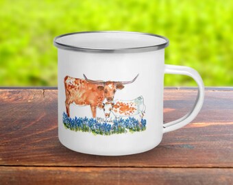 Texas Longhorn Mugs - Mother & Baby Longhorn in a Field of Bluebonnets Mug - Gift for Mom, Gift for Daughter, Gift for Grandma