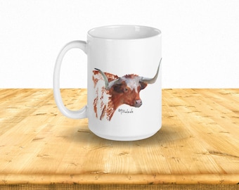 Texas Longhorn Steer Coffee Mug, Tea Cup - Gift for Dad, Gift for Him, Gift for Boyfriend, Gift for Husband - Texas Fine Art