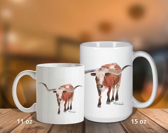 Texas Longhorn Steer Coffee Mug, Western Cup - Gift for Dad, Gift for Him, Gift for Boyfriend, Gift for Husband - Texas Fine Art