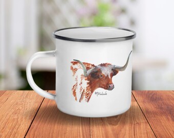 Texas Longhorn Mug - Longhorn Watercolor on an Enamel Coffee Mug - Gift for Dad, Gift for Brother, Gift for Son, Gift for Grandpa, Boyfriend