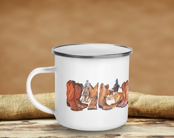 Texas Cowboy Coffee Mug - Cowboy Boots & Horses Enamel Coffee Mug - Gift for Dad, Gift for Grandpa, Gift for Boyfriend - Texas Art