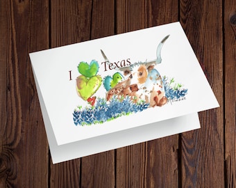 Texas Longhorn Note Cards -Texas Cards-I Love Texas Note Cards-Longhorn Stationary-Blank Cards W/ Envelopes-Texas Greeting Card Set of 10 TX
