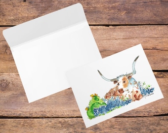 Texas Longhorn Note Cards-Texas Greeting Card-Texas Lover Gift-Texas Bluebonnets-Texas Stationary-Texas Postcards-Blank Cards W/ Envelope