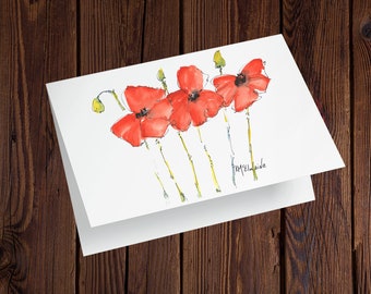 Red Poppies Card-Poppy Greeting Card-Red Poppies Art-Texas Flowers-Poppy Note Card-Poppy Watercolor-Blank Cards With Envelopes Set of 10 GT