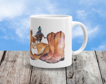 Texas Cowboy Mug with Cowboy Boots, Cowboy Hat, Texas Longhorns,  Horses,  Roundup Gift for Dad, Gift for Son, Gift for Grandpa