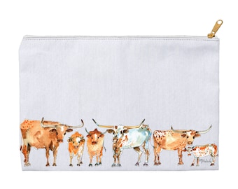 Cosmetic Bag For Women | Medium Zipper Pouch With Texas Fine Art Of Texas Longhorns - Gift For Dad, Gift For Mom