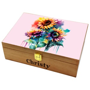 Caja conmemorativa de girasol, jubilación, aniversario, boda, regalo de cumpleaños, caja de madera personalizada, caja de recuerdo grabada Pink Light wood