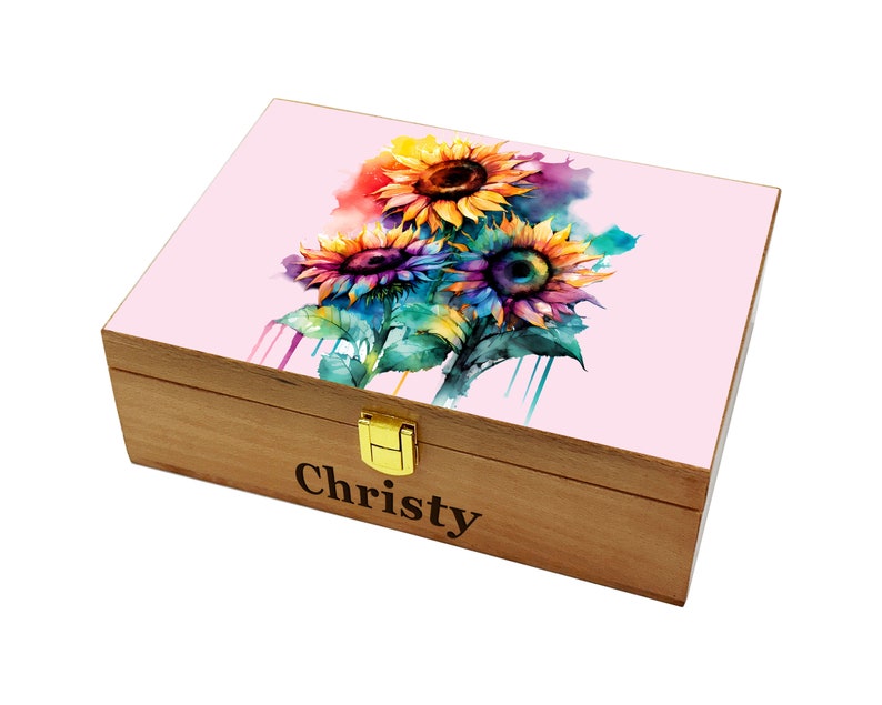 Caja conmemorativa de girasol, jubilación, aniversario, boda, regalo de cumpleaños, caja de madera personalizada, caja de recuerdo grabada Pink Light wood