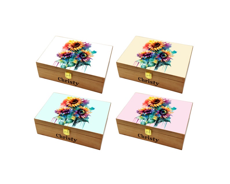 Caja conmemorativa de girasol, jubilación, aniversario, boda, regalo de cumpleaños, caja de madera personalizada, caja de recuerdo grabada imagen 1