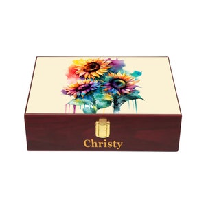 Caja conmemorativa de girasol, jubilación, aniversario, boda, regalo de cumpleaños, caja de madera personalizada, caja de recuerdo grabada Beige Cherry Wood