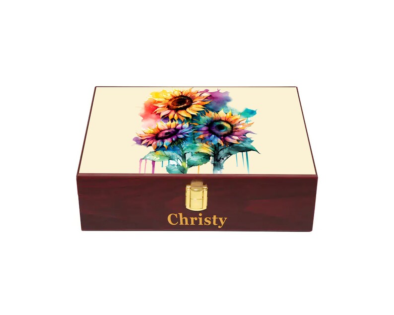 Caja conmemorativa de girasol, jubilación, aniversario, boda, regalo de cumpleaños, caja de madera personalizada, caja de recuerdo grabada Beige Cherry Wood