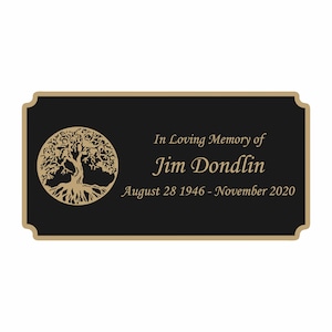 Tree of Life Memorial Plaque, Cremation Urn Plate, Name Plate in Black and Gold- Multiple Sizes and Colors