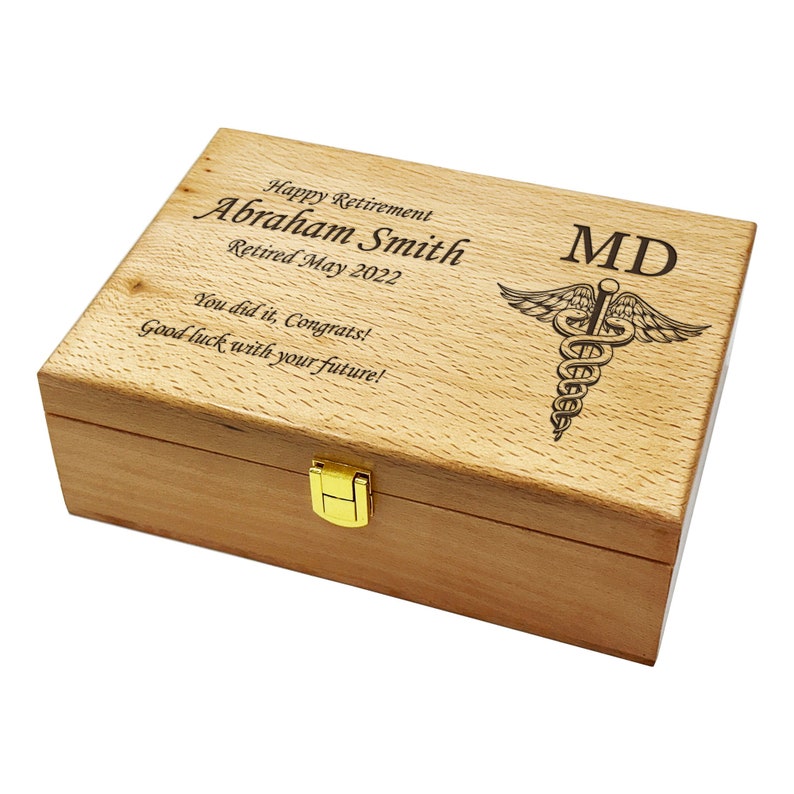 Doctor of Medicine, MD Memory Box, Retirement, Anniversary, Wedding, Birthday Gift, Personalized Wooden Box, Engraved Keepsake Box image 1