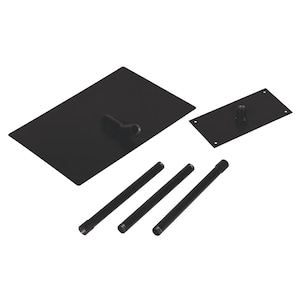 May include: Black metal display stand with a rectangular base, a round top, and three adjustable legs.