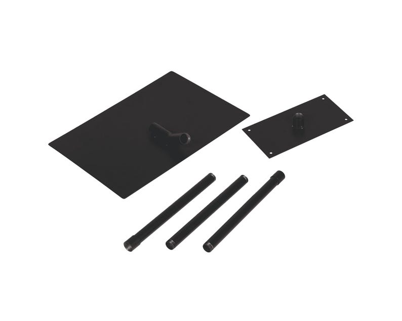 May include: Black metal display stand with a rectangular base, a round top, and three adjustable legs.