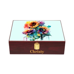 Caja conmemorativa de girasol, jubilación, aniversario, boda, regalo de cumpleaños, caja de madera personalizada, caja de recuerdo grabada Teal Cherry Wood