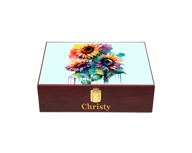 Caja conmemorativa de girasol, jubilación, aniversario, boda, regalo de cumpleaños, caja de madera personalizada, caja de recuerdo grabada Teal Cherry Wood