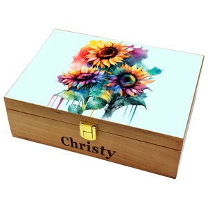 Caja conmemorativa de girasol, jubilación, aniversario, boda, regalo de cumpleaños, caja de madera personalizada, caja de recuerdo grabada Teal Light Wood