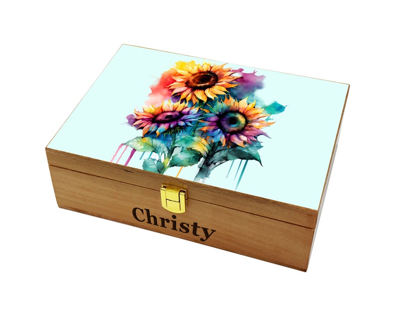 Caja conmemorativa de girasol, jubilación, aniversario, boda, regalo de cumpleaños, caja de madera personalizada, caja de recuerdo grabada Teal Light Wood