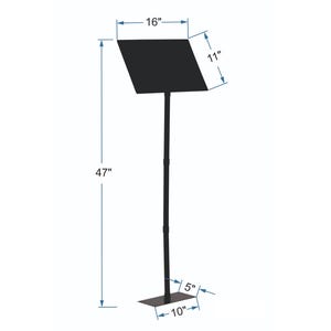 May include: Black metal sign holder stand with a rectangular sign. The stand is 47 inches tall, the sign is 16 inches wide and 11 inches tall, and the base is 10 inches wide and 5 inches deep.