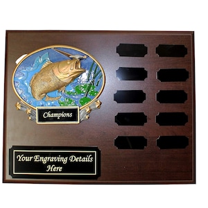 Fishing Perpetual Plaque, 12 Year Bass Fishing Award, Plaque, Trophy w/Engraving