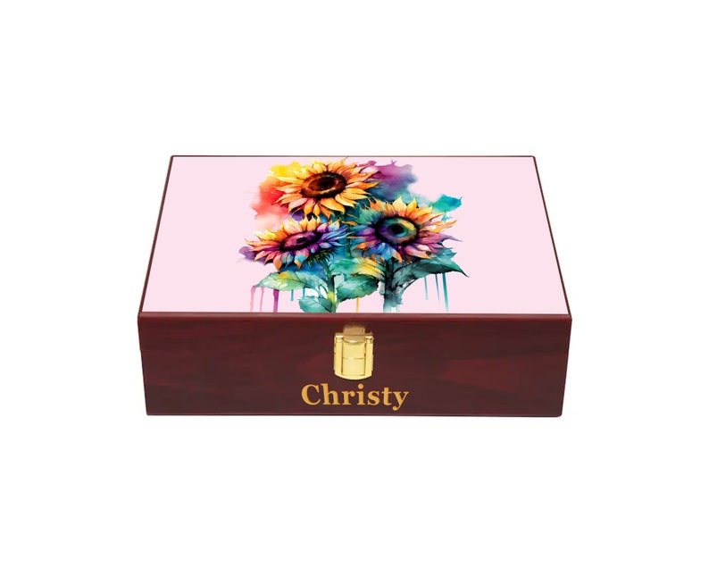 Caja conmemorativa de girasol, jubilación, aniversario, boda, regalo de cumpleaños, caja de madera personalizada, caja de recuerdo grabada Pink Cherry Wood