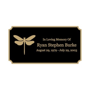 Dragonfly Memorial Plaque, Cremation Urn Plate, Name Plate in Black and Gold- Multiple Sizes and Colors