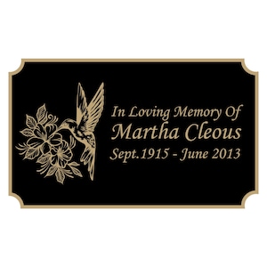 Hummingbird Memorial Plaque, Cremation Urn Plate, Name Plate in Black and Gold- Multiple Sizes and Colors