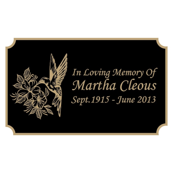 Hummingbird Memorial Plaque, Cremation Urn Plate, Name Plate in Black and Gold- Multiple Sizes and Colors