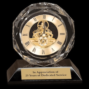 Clear Crystal Clock on Black Pedestal Base: Personalized Award Gift