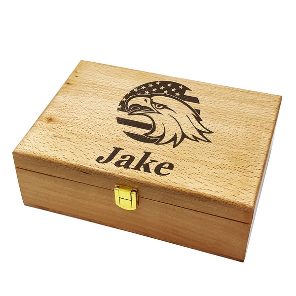 Memory Box, Retirement, Anniversary, Wedding, Birthday Gift, Personalized Wooden Keepsake Box, Bald Eagle Wooden Box