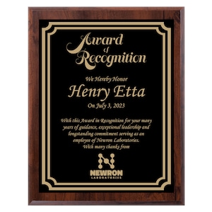 Custom Cherry Wood Recognition Award Plaque: Laser Engraved