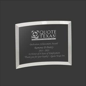 Recognition, Achievement, Graduation Plaque, Beveled Etched Glass Crescent, Police, Corporate, Firefighters Awards, Custom Engraving