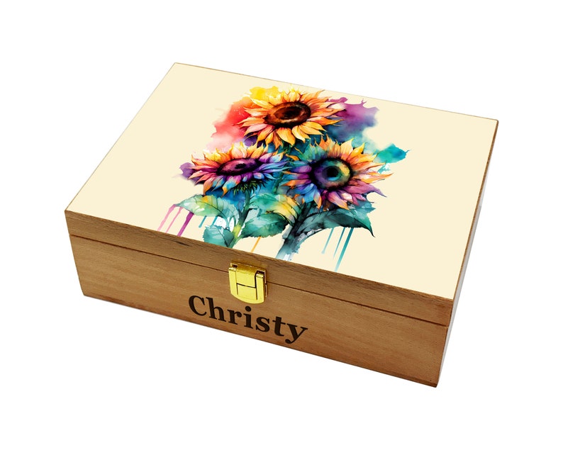 Caja conmemorativa de girasol, jubilación, aniversario, boda, regalo de cumpleaños, caja de madera personalizada, caja de recuerdo grabada Beige Light Wood