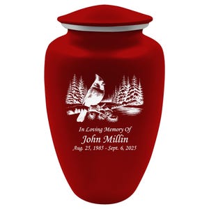 Cardinal Cremation Urn in Adult Size, Personalized Funeral Ash Container in Multiple Colors