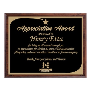 Custom Cherry Wood Award Plaque: Laser Engraved Metal Plate