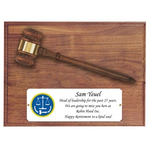 Walnut Gavel & Plaque with Personalized Plaque - Custom Engraved Gavel Plaque Gift for Judges, Legal Professionals, Retirement Gift