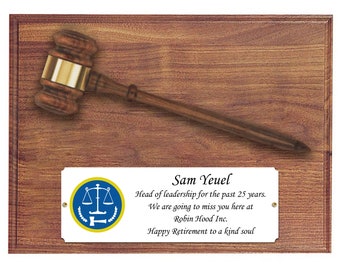 Walnut Gavel & Plaque with Personalized Plaque - Custom Engraved Gavel Plaque Gift for Judges, Legal Professionals, Retirement Gift