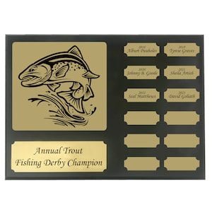 Trout Fishing Perpetual Plaque, 12 Year Trout Fishing Award, Plaque, Trophy with Engraving