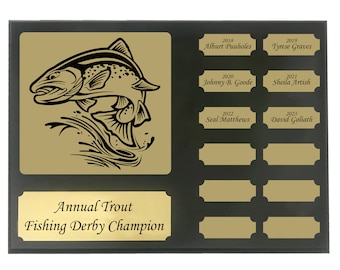 Trout Fishing Perpetual Plaque, 12 Year Trout Fishing Award, Plaque, Trophy with Engraving