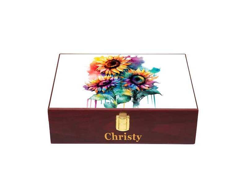 Caja conmemorativa de girasol, jubilación, aniversario, boda, regalo de cumpleaños, caja de madera personalizada, caja de recuerdo grabada White Cherry Wood