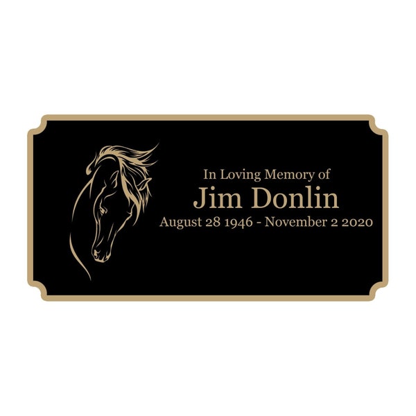 Horse Memorial Plaque, Cremation Urn Plate, Name Plate in Black and Gold- Multiple Sizes and Colors