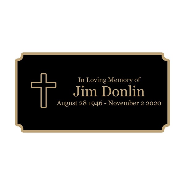 Cross Memorial Plaque, Cremation Urn Plate, Name Plate in Black and Gold- Multiple Sizes and Colors