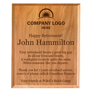 Customized Red Alder Retirement Plaque: Corporate Achievement Award