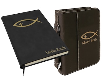 Fish With Cross Bible Cover, Bible Cover and Journal Set, Personalized Vegan Bible Cover with Zipper, Christmas and Easter Gift