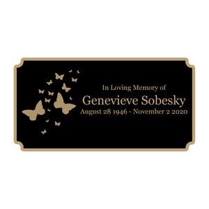 Butterfly Memorial Plaque, Cremation Urn Plate, Name Plate in Black and Gold- Multiple Sizes and Colors