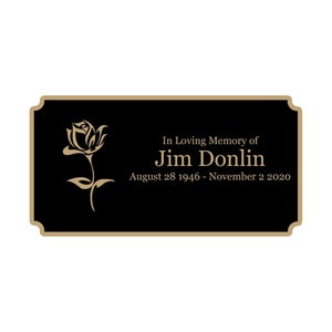 Rose Memorial Plaque, Cremation Urn Plate, Name Plate in Black and Gold- Multiple Sizes and Colors